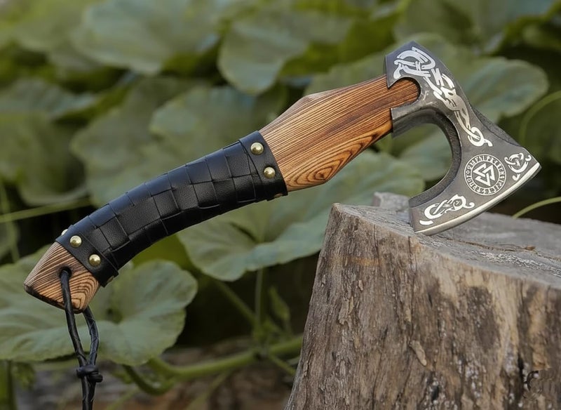 FH TRADERS Viking Axe Ashwood Handle Handmade Carbon Steel Blade, Outdoor Camping Hunting, Norse Hatchets Axes, with Black Leather Wrapped Handle & Leather Sheath Wood Splitting Axes - Image 3